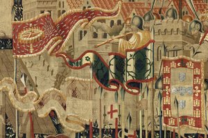 Kuvakudos, joka esittää Portugalin kuninkaan Alfonso V:n valloitukset (Conquistas de Alfonso V de Portugal), Tournaissa. Yksityiskohta. (villa ja silkki) tekijältä Flemish School