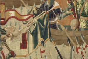 Kuvakudos, joka esittää Portugalin kuninkaan Alfonso V:n valloitukset (Conquistas de Alfonso V de Portugal), Tournaissa. Yksityiskohta. (villa ja silkki) tekijältä Flemish School
