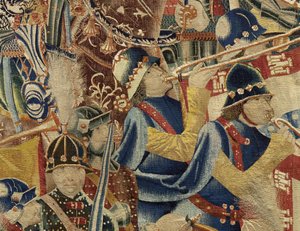 Kuvakudos, joka esittää Portugalin kuninkaan Alfonso V:n valloitukset (Conquistas de Alfonso V de Portugal), Tournaissa. Yksityiskohta. (villa ja silkki) tekijältä Flemish School