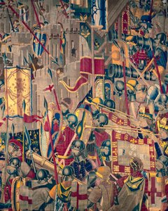 Kuvakudos, joka esittää Portugalin kuninkaan Alfonso V:n valloitukset (Conquistas de Alfonso V de Portugal), Tournaissa. Yksityiskohta. (villa ja silkki) tekijältä Flemish School