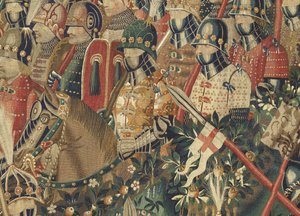 Kuvakudos, joka esittää Portugalin kuninkaan Alfonso V:n valloitukset (Conquistas de Alfonso V de Portugal), Tournaissa. Yksityiskohta. (villa ja silkki) tekijältä Flemish School
