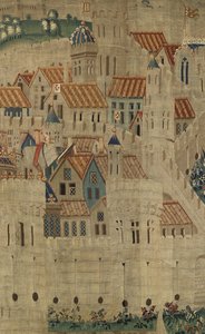 Kuvakudos, joka esittää Portugalin kuninkaan Alfonso V:n valloitukset (Conquistas de Alfonso V de Portugal), Tournaissa. Yksityiskohta. (villa ja silkki) tekijältä Flemish School