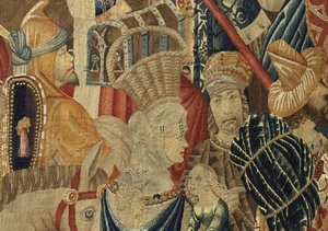 Kuvakudos, joka esittää Portugalin kuninkaan Alfonso V:n valloitukset (Conquistas de Alfonso V de Portugal), Tournaissa. Yksityiskohta. (villa ja silkki) tekijältä Flemish School