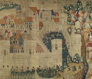 Kuvakudos, joka esittää Portugalin kuninkaan Alfonso V:n valloitukset (Conquistas de Alfonso V de Portugal), Tournaissa. Yksityiskohta. (villa ja silkki) tekijältä Flemish School