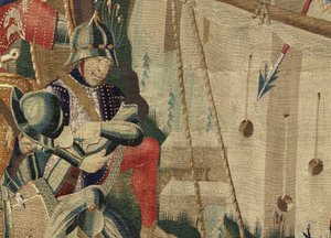 Kuvakudos, joka esittää Portugalin kuninkaan Alfonso V:n valloitukset (Conquistas de Alfonso V de Portugal), Tournaissa. Yksityiskohta. (villa ja silkki) tekijältä Flemish School
