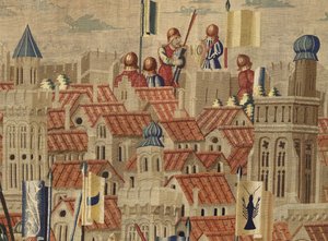 Kuvakudos, joka esittää Portugalin kuninkaan Alfonso V:n valloitukset (Conquistas de Alfonso V de Portugal), Tournaissa. Yksityiskohta. (villa ja silkki) tekijältä Flemish School