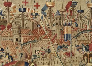 Kuvakudos, joka esittää Portugalin kuninkaan Alfonso V:n valloitukset (Conquistas de Alfonso V de Portugal), Tournaissa. Yksityiskohta. (villa ja silkki) tekijältä Flemish School