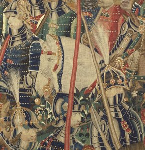 Kuvakudos, joka esittää Portugalin kuninkaan Alfonso V:n valloitukset (Conquistas de Alfonso V de Portugal), Tournaissa. Yksityiskohta. (villa ja silkki) tekijältä Flemish School