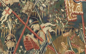 Kuvakudos, joka esittää Portugalin kuninkaan Alfonso V:n valloitukset (Conquistas de Alfonso V de Portugal), Tournaissa. Yksityiskohta. (villa ja silkki) tekijältä Flemish School