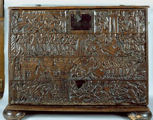 Courtrai Chest, joka kuvaa kohtauksia Golden Spurs -taistelusta, joka käytiin Courtraissa vuonna 1302 (puu)