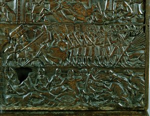Courtrai-arkku, joka kuvaa Flanderin taistelulinjaa Golden Spurs -taistelun aikana, joka taisteli Courtraissa vuonna 1302 (puu) (yksityiskohta)