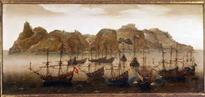 Hollannin laivasto St. Helenan saaren edustalla. Öljymaalaus. 17. vuosisata. Amsterdamin merimuseo tekijältä Flemish School