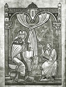 Pyhän Gregoryn (n. 540-604) ekstaasi, jonka diakoni Peter näki hänen mandiininsa lävistämän verhon läpi tekijältä Flemish School