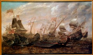 Invincible Armada -meritaistelu, jossa espanjalainen Armada voitti englantilaista laivastoa elokuussa 1588, flaamilainen koulu
