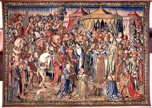 Kuninkaallisen arvomerkin esittely, Daavidin ja Batseban kuvakudos, n. 1510-1515 (kuvakudos) tekijältä Flemish School
