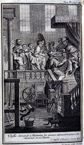 Ulysse pyytää Alcinousilta (Alcinoos) tarvittavaa apua palatakseen kotimaahansa. Kuvitus kirjaan VII Odyssee Homeren Odysseessa, Odysseessa, julkaistu Amsterdamissa vuonna 1731, Collection privee Milan. tekijältä Flemish School