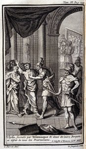 Telemaquen toinen Ulysses ja kaksi heidän paimentaan hajoittivat kaikki takaa-ajajat. Lustraatio XXII-kirjalle Odyssee of Homere, Odysseessa, julkaistu Amsterdamissa vuonna 1731, Collection privee Milan. tekijältä Flemish School