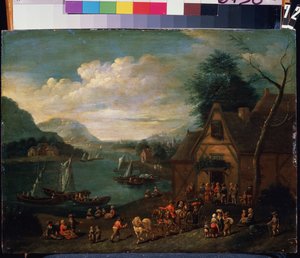 Taverna meren rannalla. Flanderin mestarin maalaus, öljy puulle, 30 x 35 cm. Flanderin koulu 1500-1700-luvulla. Valtionmuseo Arkhangelskoye Estate, Moskova. tekijältä Flemish School