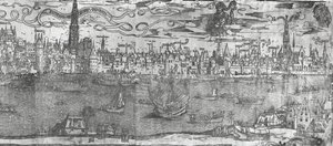Näkymä Antwerpenin satamasta, yksityiskohta oikeanpuoleisesta osasta, 1515-50 tekijältä Flemish School