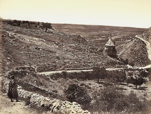 Panoraamanäkymä Cedronin tai Josafatin laaksoon, jossa on Absalomin hauta, Jerusalemin laitamilla. Masa katselee näkymää kadulta tekijältä Félix Bonfils