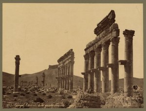 Osa suurta pylväikköä, Qalaat Ibn Maanin linna kaukana, Palmyra, n. 1875 (albumiprintti) tekijältä Félix Bonfils