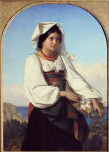 Kukkia pukeutunut nuori tyttö Felix Joseph Barriasin (1822-1907) maalaus 1846 Nantes, Musee des Beaux Arts