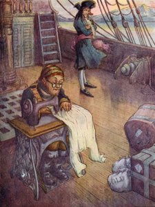 Bosun Smee ompelukoneensa ääressä (värilitografia).