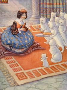 Kissat toivat prinsessalle hiiripiirakkaa (värilitografia).