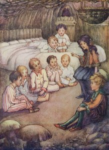 Maanalainen talo metsässä, jossa Wendy kertoi tarinoita (värilitografia)