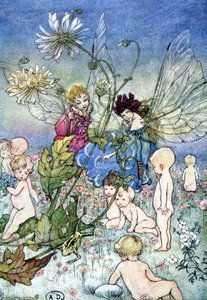Nainen-sudenkorento (keiju) ja tonttu vauvojen ympäröimänä - Fiona Malcomin "My Fairyland" -kirjassa, ill. Florence Anderson tekijältä Florence Anderson