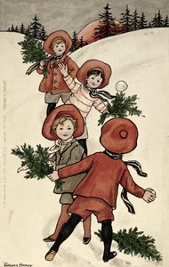 Lapset Hollyn kanssa heittelemässä lumipalloja (väri litho)