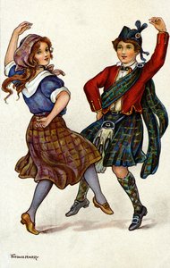 Pari tanssii perinteisessä skotlantilaisasussa. Kromolitografia Florence Hardy tekijältä Florence Hardy