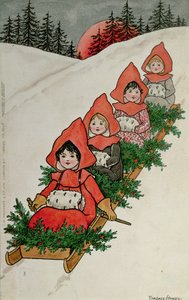 Neljä pientä tyttöä kelkassa (värilitografia)