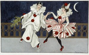 Pierrot ja Colombine tanssivat kuunvalossa - dess. kirjoittanut Florence Hardy, deb. 20. vuosisata