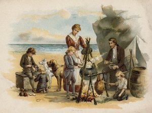 Kohtaus sveitsiläisestä Robinson-perheestä: illallinen ensimmäisen tutkimusmatkan jälkeen (chromolitho) tekijältä Florence Maplestone
