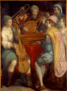 Konsertti Luuttomuusikot, epinette, pasuuna ja viola de gamba. Anonyymi maalaus Firenzen koulusta 1550-1600. Aurinko 1,8x1,3 m