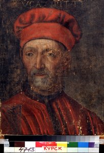 ""Varaan firenzeläisen pankkiirin Luca Pittin (1394-1472) muotokuva"" Hän antoi nimensä Pitti palazzolle) Firenzeläisen koulun maalaus 1500-luvun alusta Alueellinen Deineka-taidegalleria, Kursk Venäjä