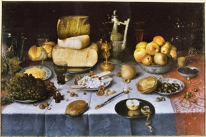 Dutch: Still life with fruit, cheese, bread and wine Laid Table with Cheese and Fruit (aseteltu pöytä, jossa juustoa ja hedelmiä) tekijältä Floris van Dyck