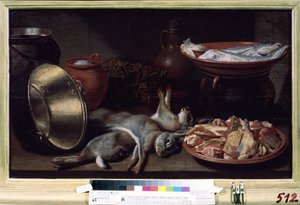 Asetelma jänisten kanssa. Floris van Schootenin maalaus (noin 1590-1655 jälkeen). Öljy kankaalle