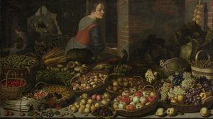 Asetelma hedelmien ja vihannesten kanssa, taustalla Kristus Emmauksessa, n. 1630