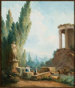 Tivolin Sibylli-temppelin rauniot maisemassa tekijältä Follower of Hubert Robert