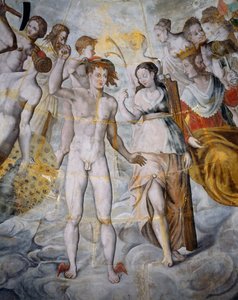 Merkurius, jumalien ja psyyken sanansaattaja, Janus oikealla, freskoja Liguen kullatussa tornissa, Fontainebleaun koulu, Tanlayn linna (1500-1600-luku), Burgundy, Ranska tekijältä Fontainebleau School
