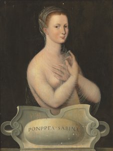 Poppaea Sabinan muotokuva, puolipitkä, läpinäkyvässä hunnussa, kivikartussien edessä (öljy paneelille) tekijältä Fontainebleau School