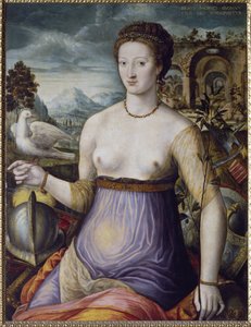 Allegoria rauhasta eli Diane de Poitiers kyyhkystä pitelevä Valentinois herttuattaren Diane de Poitiersin (1499-1566) muotokuva, Ranskan kuninkaan Henrik II:n suosikki. Fontainebleaun koulun maalaus, XVI vuosisata. Firenze, Museo Nazionale del Bargel