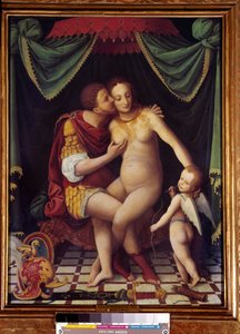 Venus ja Mars Edustus kahdesta jumaluudesta, jotka suutelevat. Fontainebleaun koulun maalaus. 1500-luvulta