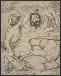 David ja Goljat, sarjakuva lasimaalauksille Jesus Collegessa, Cambridgessa, 1872. tekijältä Ford Madox Brown