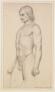 Male Nude - Academic Study, kolmen neljäsosan pituinen alaston, viikset ja puristetut nyrkit tekijältä Ford Madox Brown