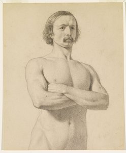 Male Nude - Akateeminen alastonkuva, puolipitkä, viikset ja kädet taitettuna tekijältä Ford Madox Brown