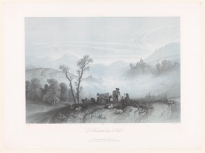 Paimenet lehmien ja lampaiden kanssa sumuisessa laaksossa Le Brouillard dans la Vallée (otsikko esineessä) tekijältä Fortuné Ferogio