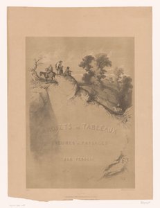 Otsikkoprintti kalliomaisemalla ja matkailijoilla rotkon varrella Férogion maisema- ja hahmotutkimukset (sarjan nimi) Projets de tableaux de figures et paysages, par Férogio (sarjan nimi esineellä)